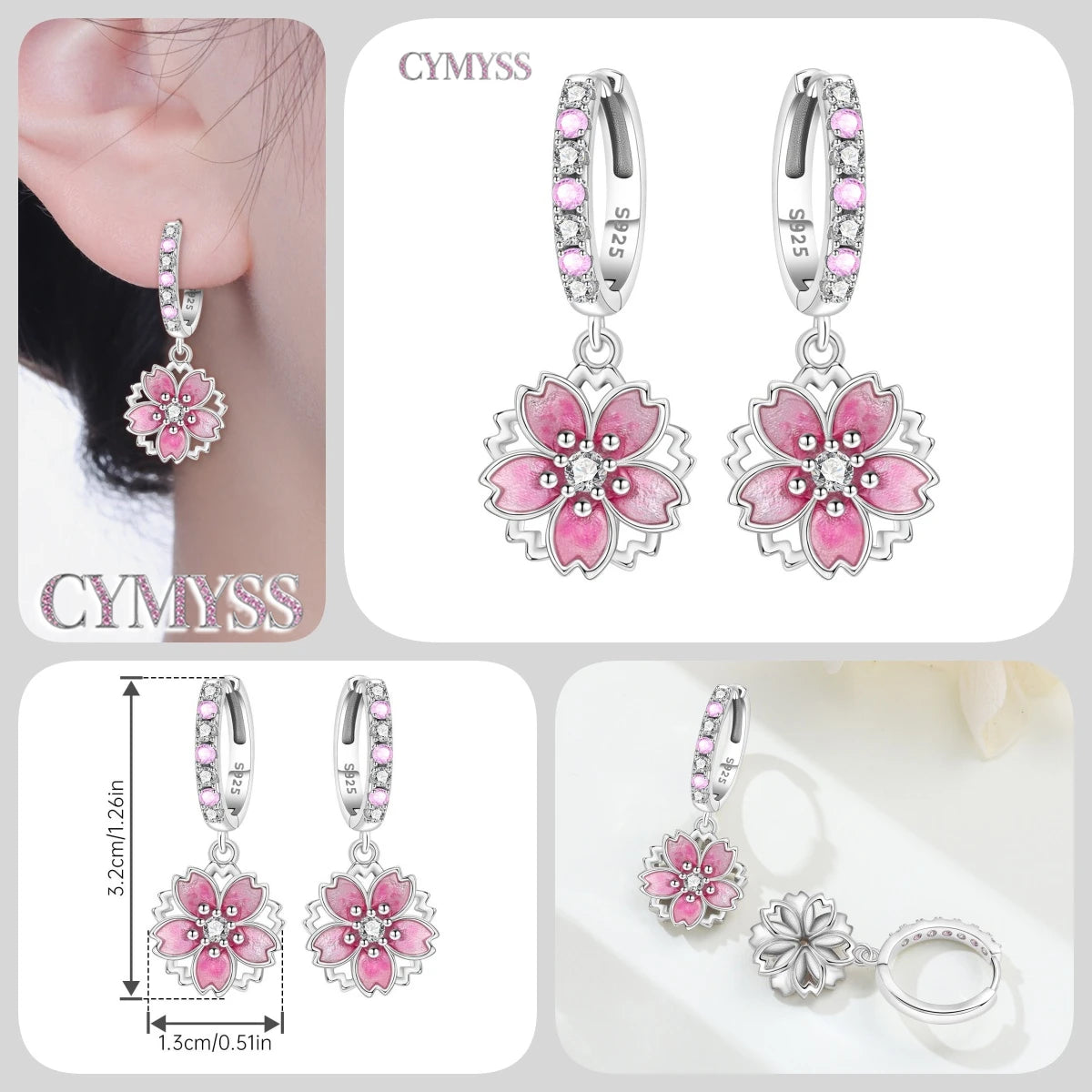 Original 925 Sterling Silver Pink Paw Print Earrings with Zircon, Heart Flower and Leaf Design, Elegant Women's Party Jewelry Gift