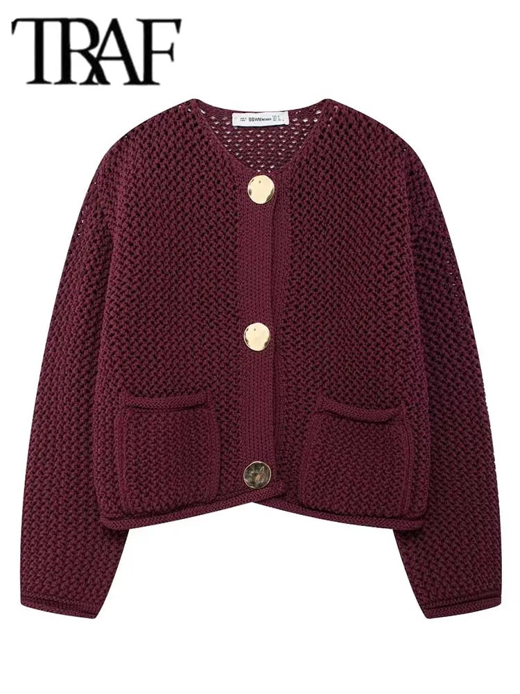 TRAF Women&#39;s Autumn/Winter Knitted Cardigan: Casual Loose Fit Button-Up Sweater for 2024 Fashion