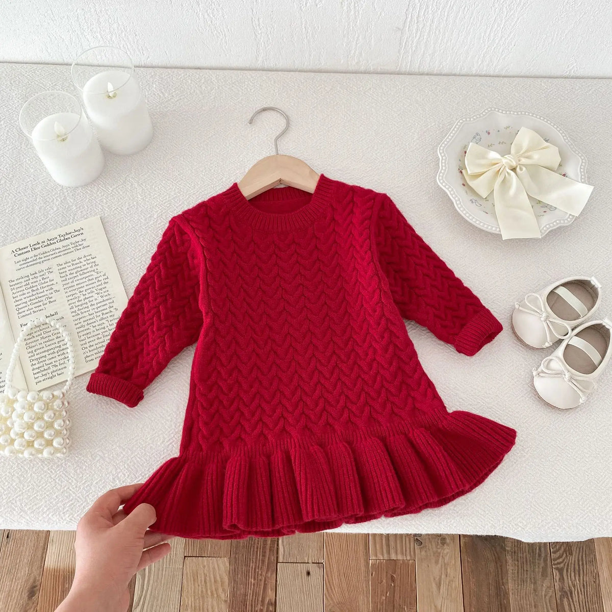 Autumn and Winter Korean Girls Sweater Dress – Long Sleeve Knitted Ruffle Dress with Twist Design and Round Neck