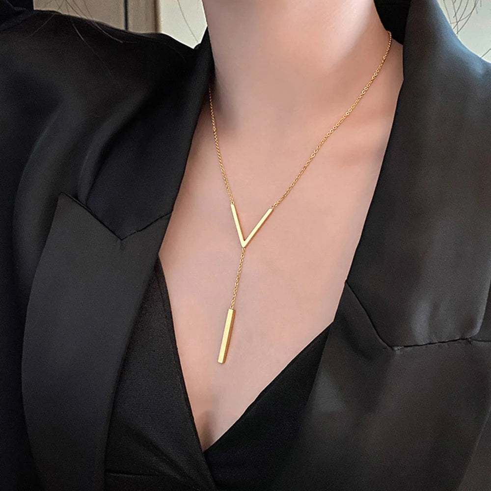 V-Shaped Long Gold Color Chain Necklace – Clavicle Choker for Women