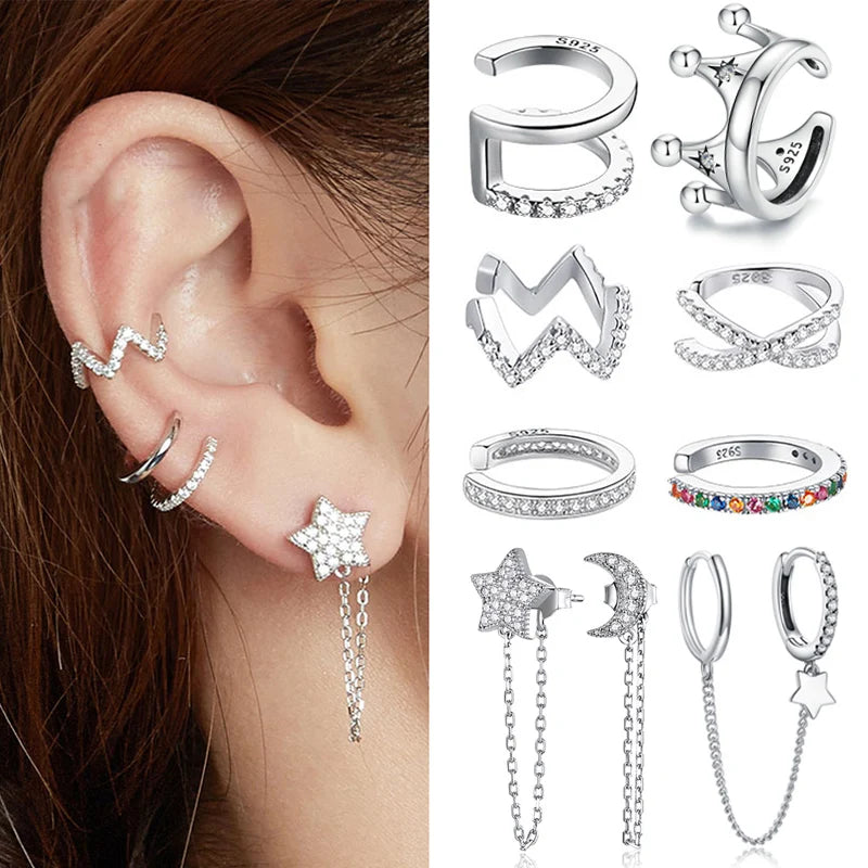 Silver CZ Ear Cuff for Women and Girls, Platinum-Plated Non-Piercing Clip Earring, Elegant Wedding Party Jewelry