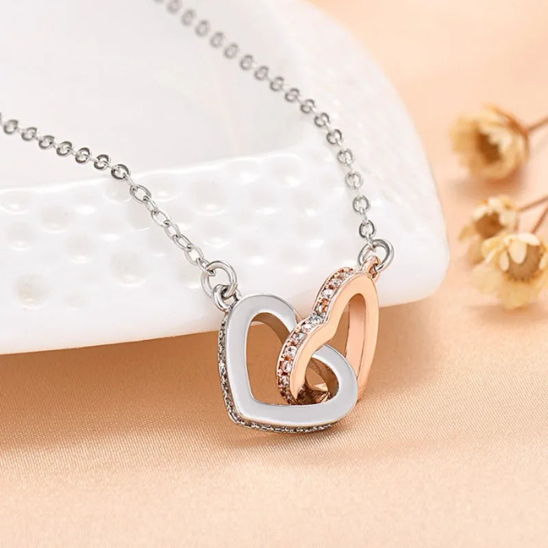 Double Ring Hollow Love Necklace for Mom, Contrast Color Design with Gift Card Ladies Fashion Jewelry