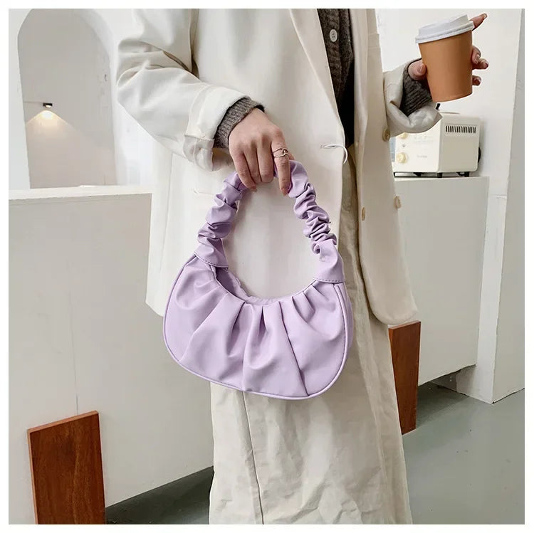 Fashion Pleated PU Cloud Handbags - Women&#39;s Armpit &amp; Shoulder Bags for Shopping