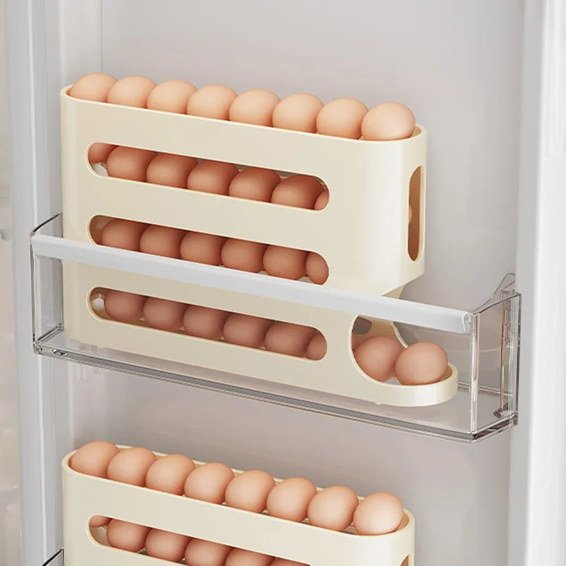 4-Layer Automatic Rolling Egg Holder Rack: Fridge Egg Storage Box and Organizer for Kitchen Refrigerators