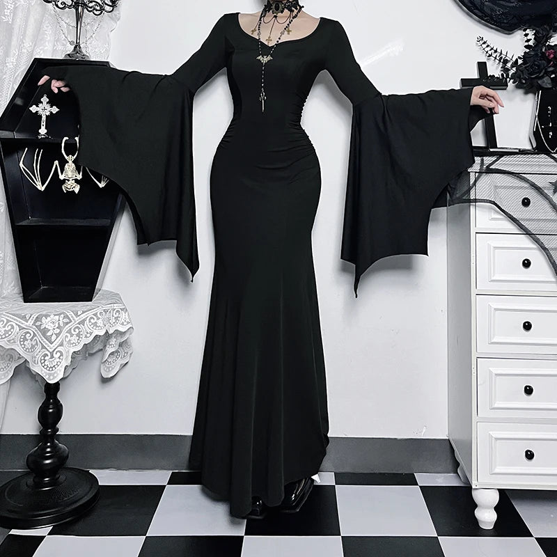 Women&#39;s Gothic Bat Sleeve Mermaid Dress: Addams Family Inspired Elegance