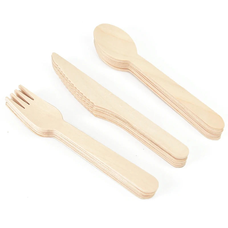 Disposable Wooden Cutlery Set: Rustic Spoon, Fork, and Knife for Wedding, Birthday Parties, and Table Decor – Ideal for Desserts and Cakes