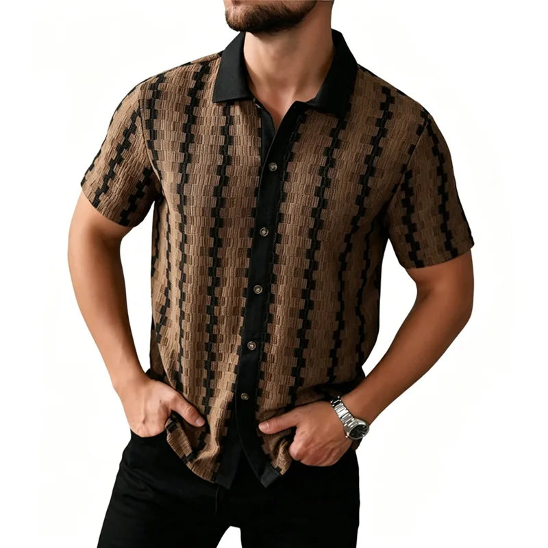 Men's Vintage Plaid Knit Shirt, Breathable Textured Short Sleeve Button-Up, Casual Summer Vacation Wear