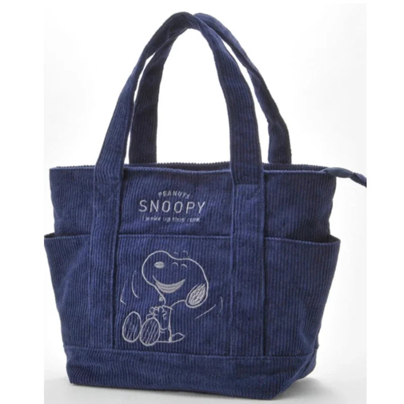 MINISO Disney Snoopy Corduroy Tote Bag - Casual Large Capacity Zipper Shoulder Handbag for Students