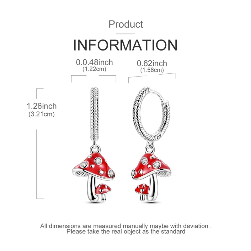 Original 925 Sterling Silver Fruit Hoop Earrings for Women, Cute Cherry Strawberry and Mushroom Charm Earrings, Fashion Jewelry Gift