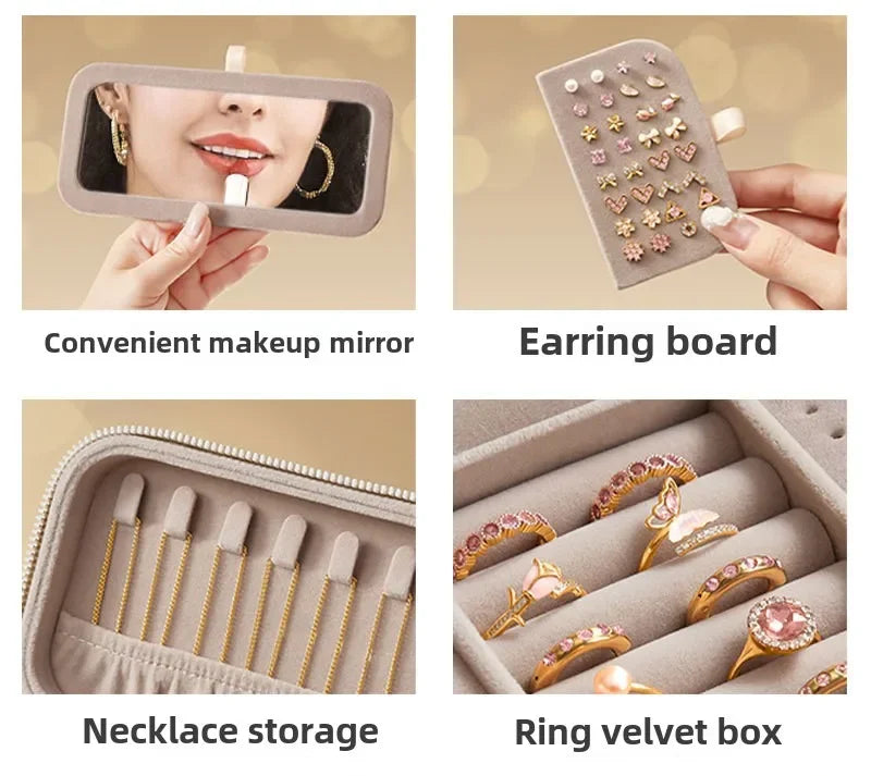 Portable Large Capacity Jewelry Storage Box with Double Metal Zipper, Mirror Compartment for Earrings, Necklaces and Accessories