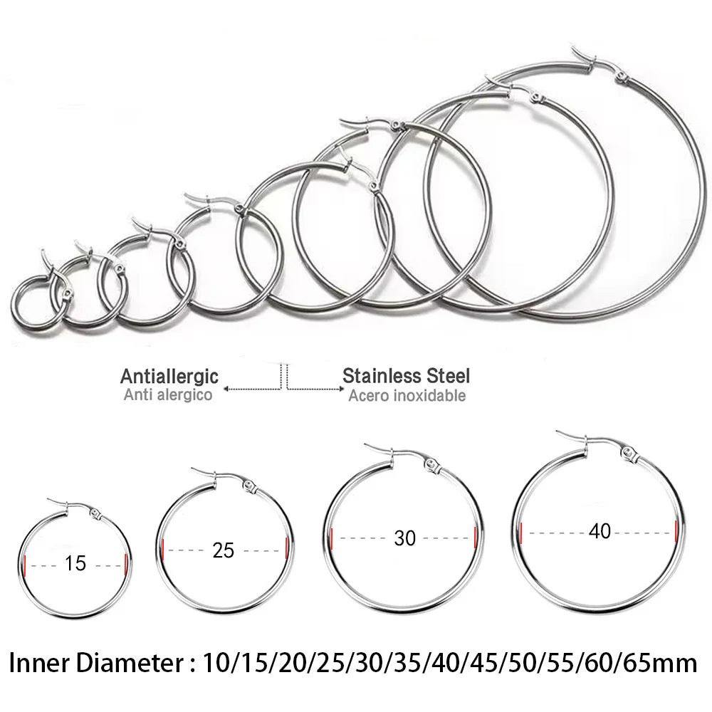 LUXUSTEEL 2PCS Stainless Steel Hoop Earrings – 10-70mm Silver-Tone Huggies for Men &amp; Women, Small to Large Circle Earrings