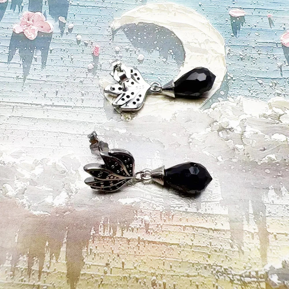 Vintage Black Flame Water Drop Earrings, 925 Sterling Silver Fine Jewelry for Women, Elegant High-Quality Gift