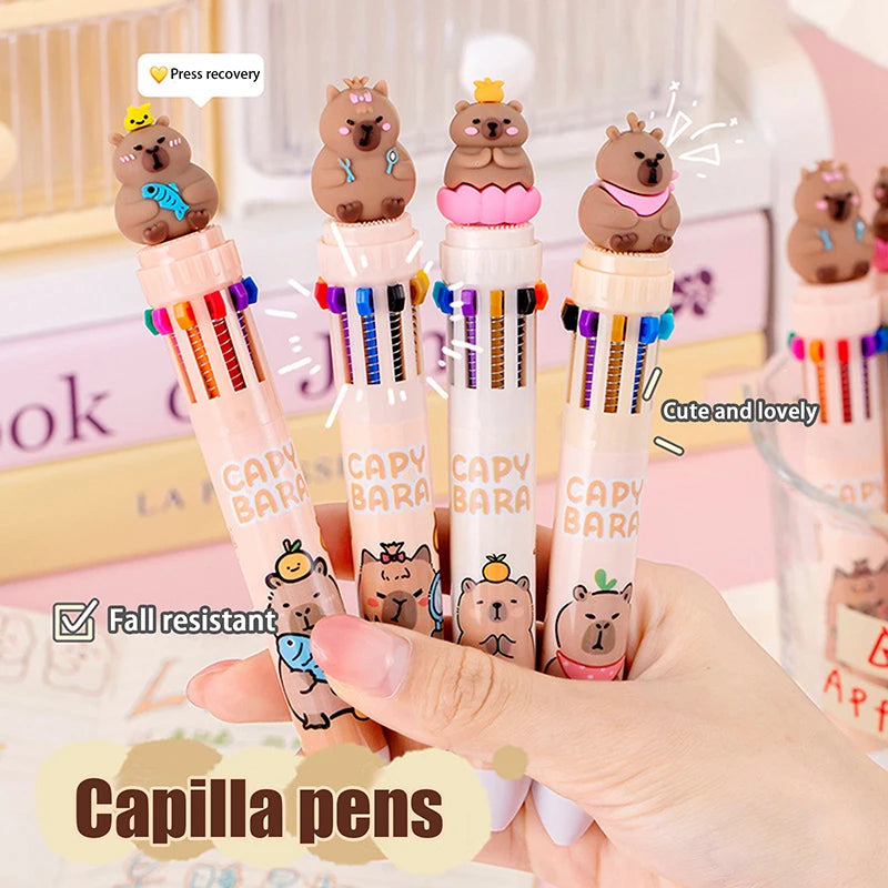 Cartoon Capybara 10-Color Ballpoint Pen - 0.5mm Gel Pen for School Supplies