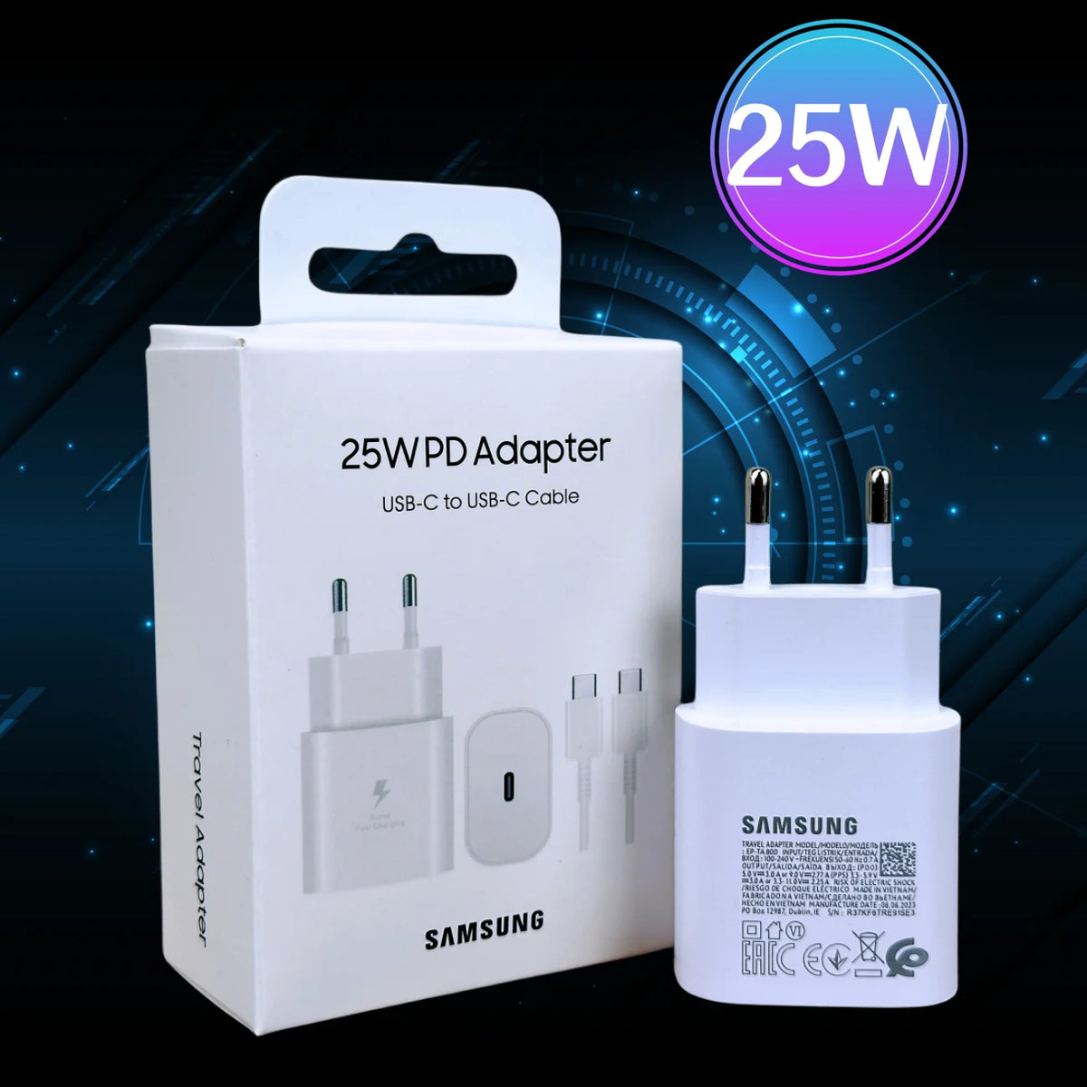 Original Samsung 25W Super Fast Charge Type-C EU Adapter – For Galaxy S23/S22 Plus/S21/S20 FE, Note 20/10+, A54, A34 5G