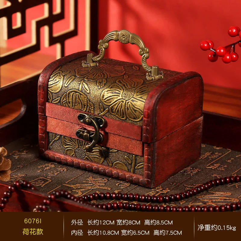 Antique Retro Wooden Jewelry Storage Box with Green Crystal Stone, Vintage Gift and Keepsake Packaging Box