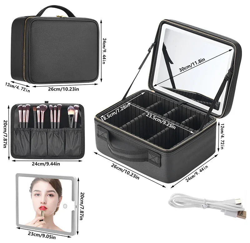 Smart LED Makeup Case with Mirror - Large Capacity Travel Cosmetic Bag