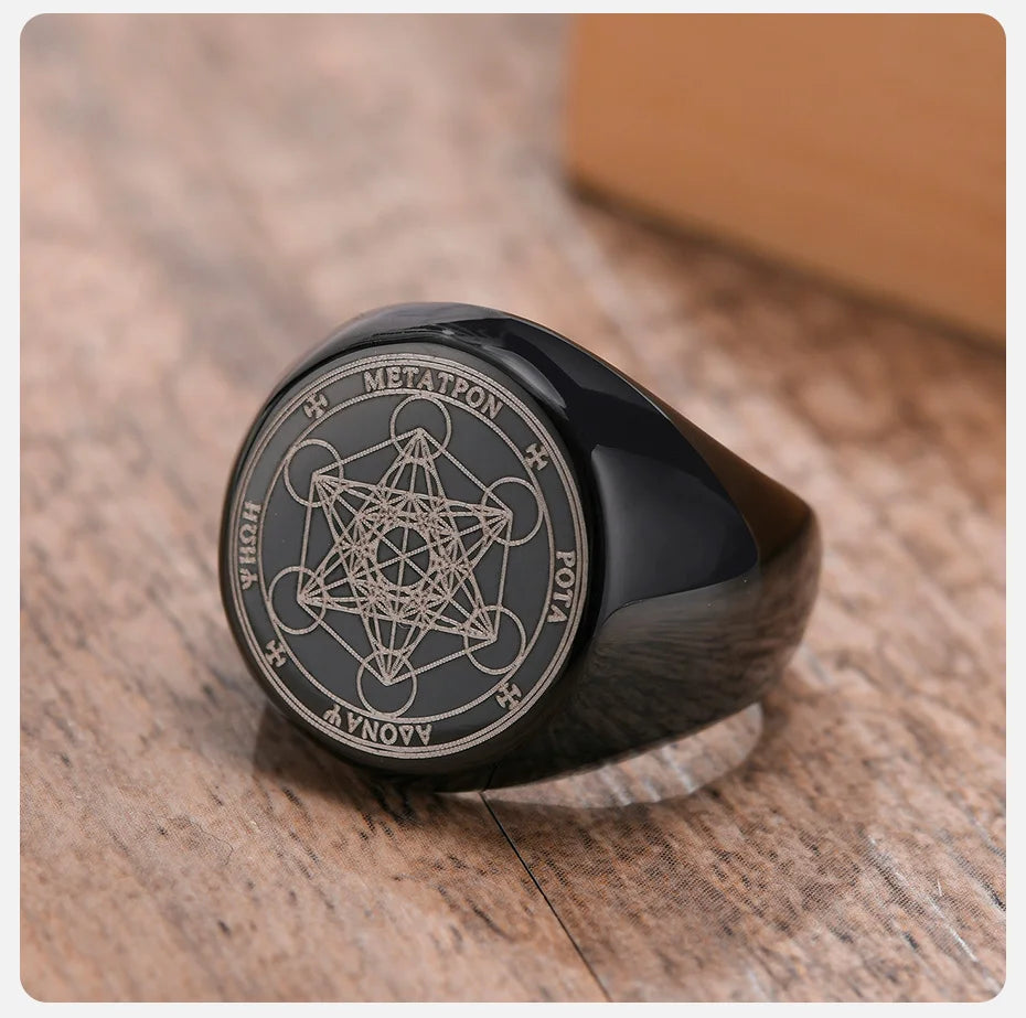 Vnox Vintage Seven Seals of Angels Ring for Men, Stainless Steel Metatron Cube Triquetra Stamp Ring, Chunky Punk Fashion Jewelry