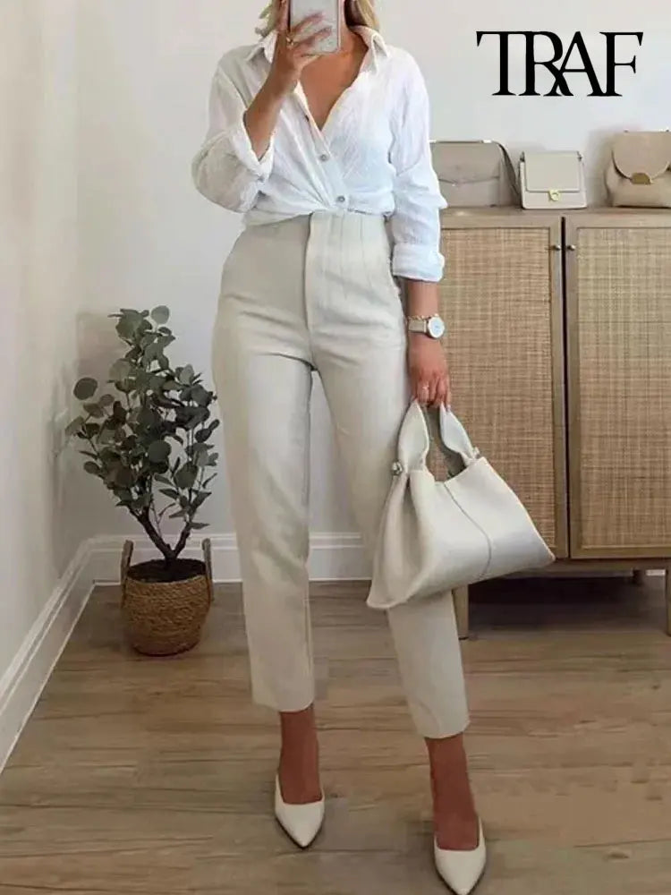 Women’s Casual Solid Pants: Vintage High-Waist Ankle Trousers with Pockets