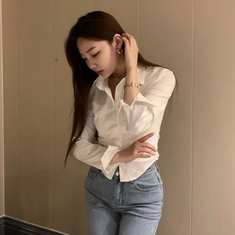 Women&#39;s Elegant Slim Blouse: Korean Y2K Cropped Shirt for Casual &amp; Office Wear