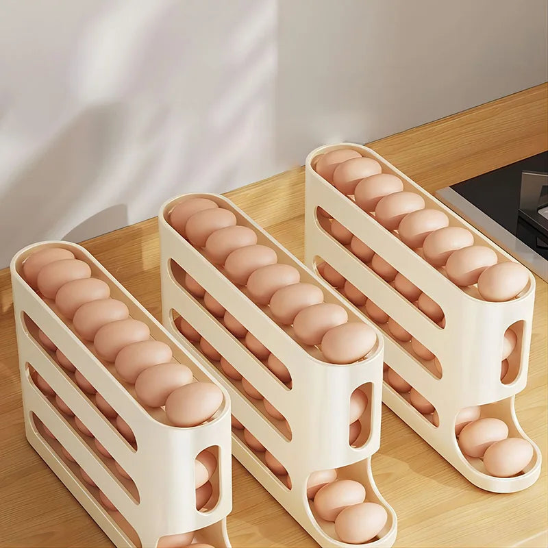 4-Layer Automatic Rolling Egg Holder Rack: Fridge Egg Storage Box and Organizer for Kitchen Refrigerators