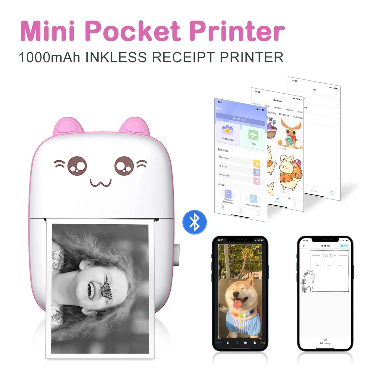 Mini 58mm Portable Thermal Printer – Cute Wireless BT Printer for Photo Labels and Memo Printing, 200dpi, Bluetooth Connection