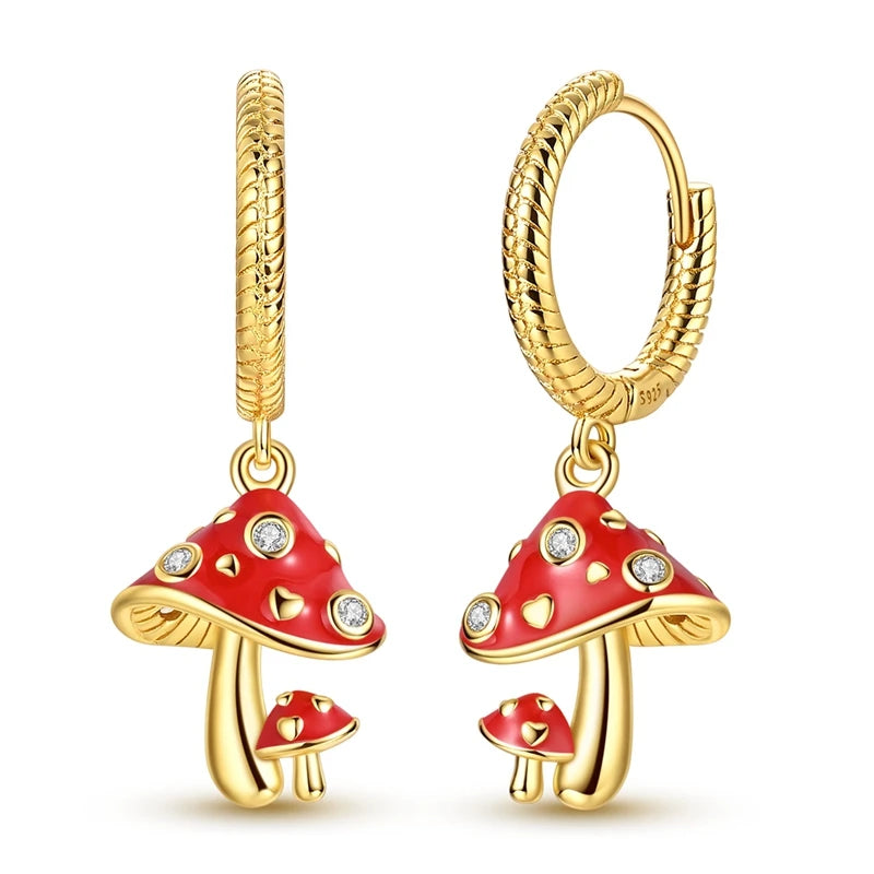 Original 925 Sterling Silver Fruit Hoop Earrings for Women, Cute Cherry Strawberry and Mushroom Charm Earrings, Fashion Jewelry Gift