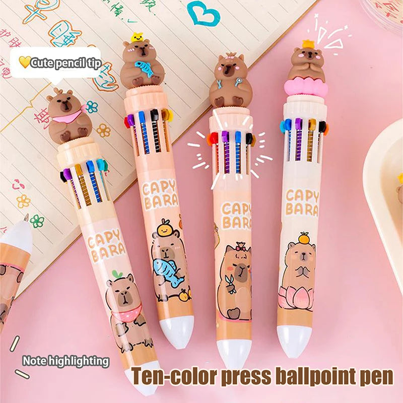 Cartoon Capybara 10-Color Ballpoint Pen - 0.5mm Gel Pen for School Supplies