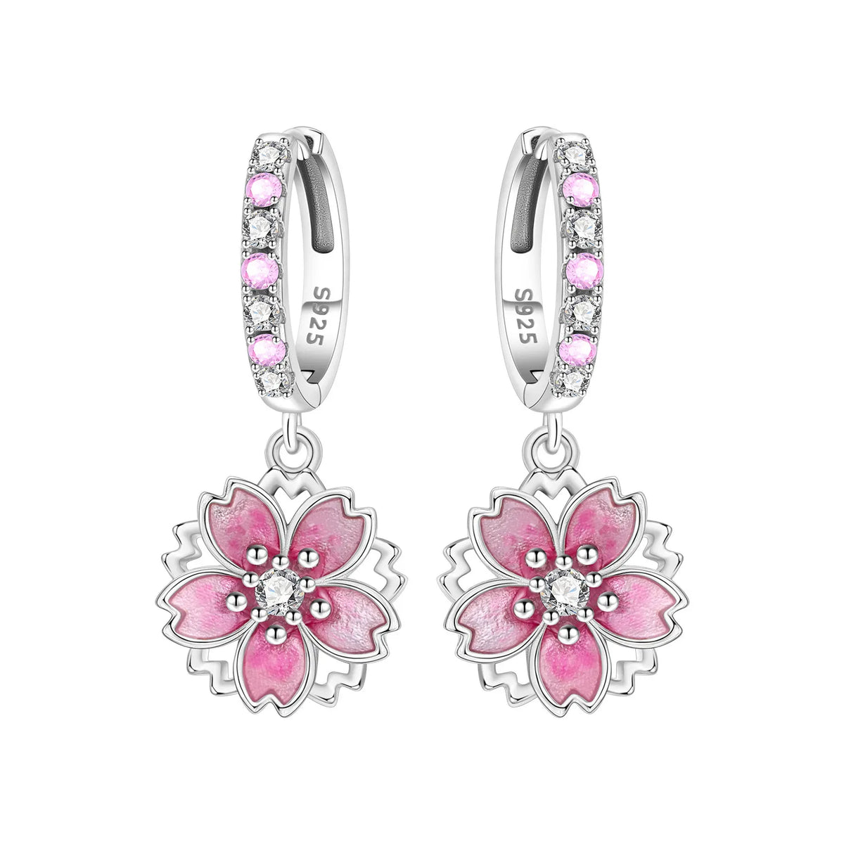 Original 925 Sterling Silver Pink Paw Print Earrings with Zircon, Heart Flower and Leaf Design, Elegant Women's Party Jewelry Gift