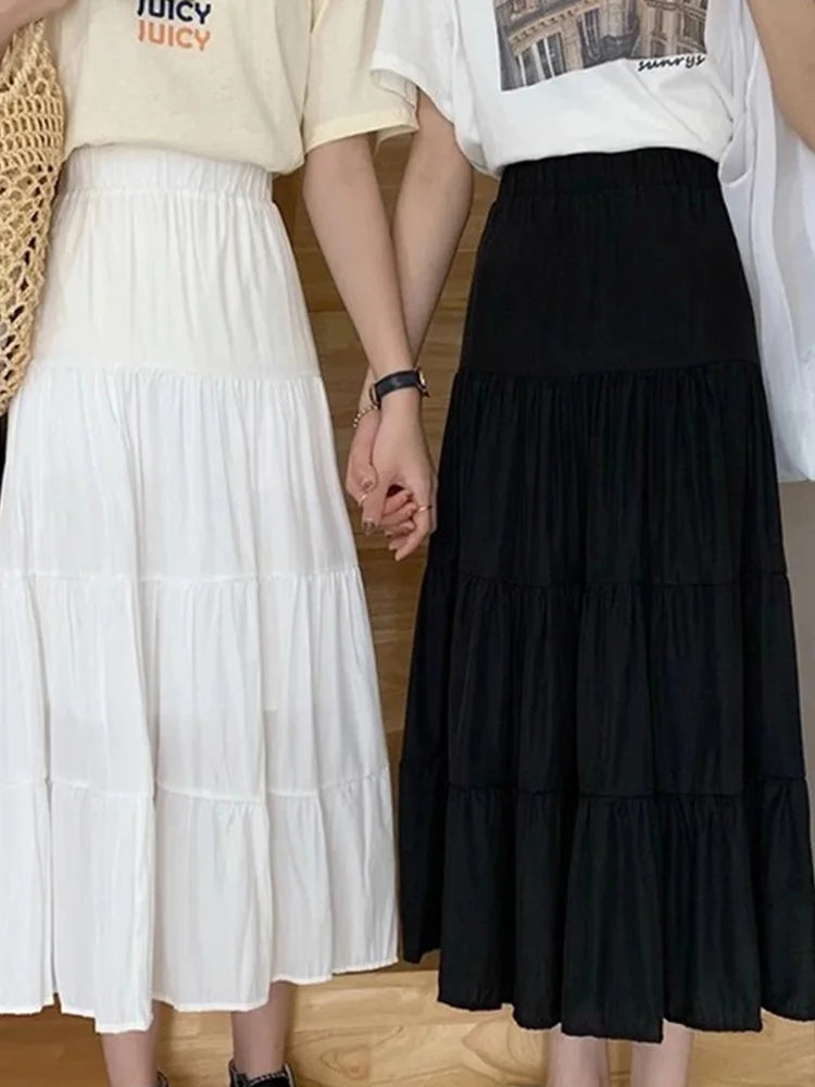 Spring Summer Women&#39;s Chiffon A-Line Skirt: Vintage High-Waist Elastic Patchwork in Black &amp; White