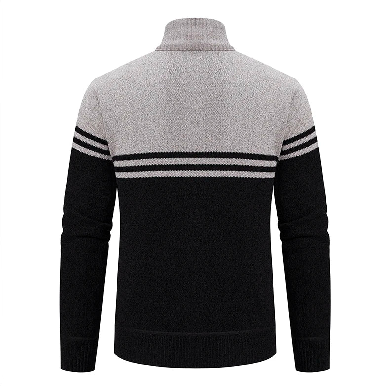 Men&#39;s New Winter Sweater Thick Fleece Warm Sweater Casual Stand Collar Zipper Cardigan Fashion Striped Coat