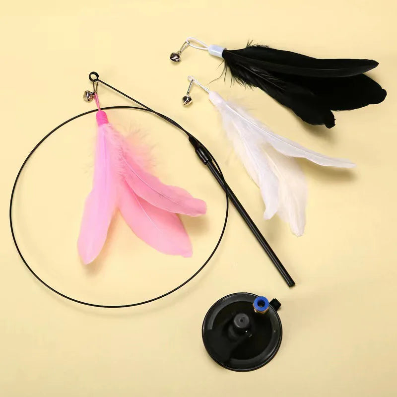 Interactive Feather Wand Cat Toys: Detachable Kit with Suction Cup and 2 Replacement Feathers