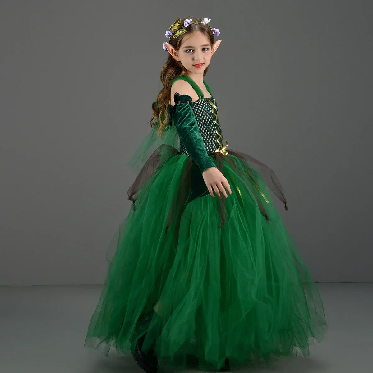 Kids Forest Elf Dress-Up Costume – Green Princess Outfit with Ears for Girls, Perfect for Stage Performance and Halloween