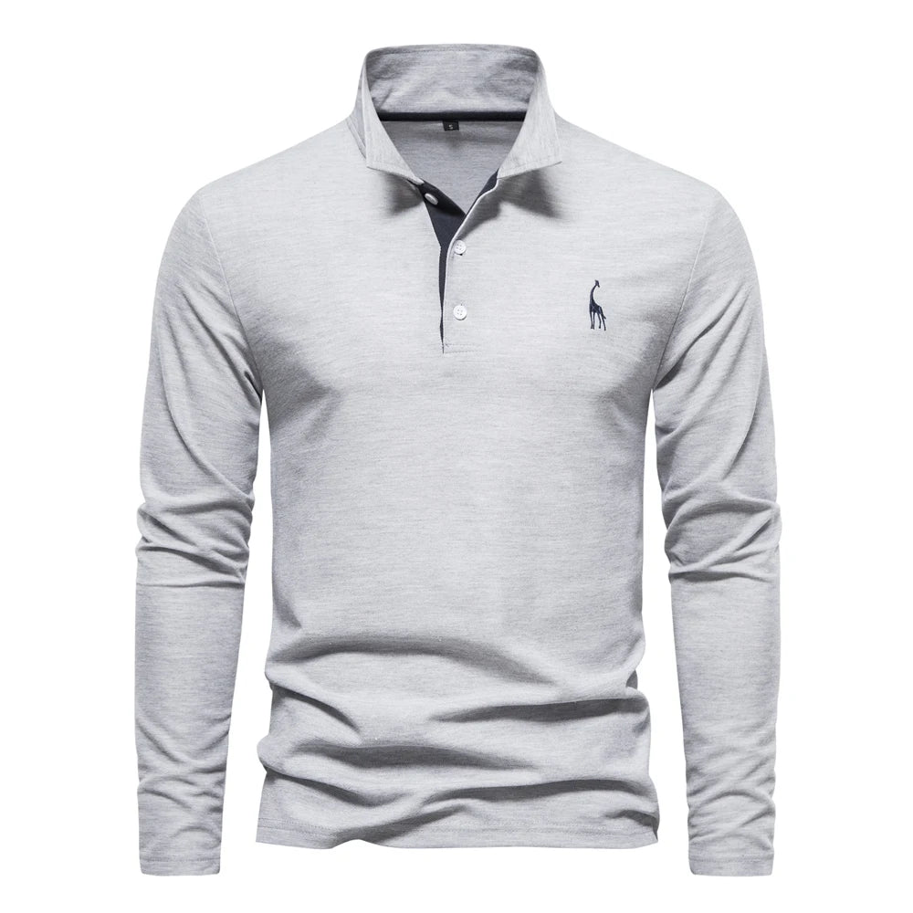 AIOPESON Deer Embroidery Men&#39;s Polo Shirts Solid Color Long Sleeve Polo Shirts for Men New Spring Social Business Polos Male