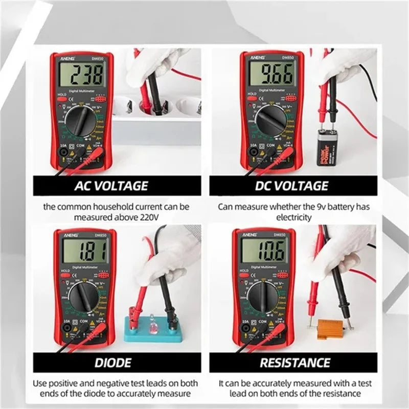 Portable LCD Digital Multimeter – AC/DC Voltage, Diode Tester, Current and Resistance Meter, Ammeter Multitester with Test Probes