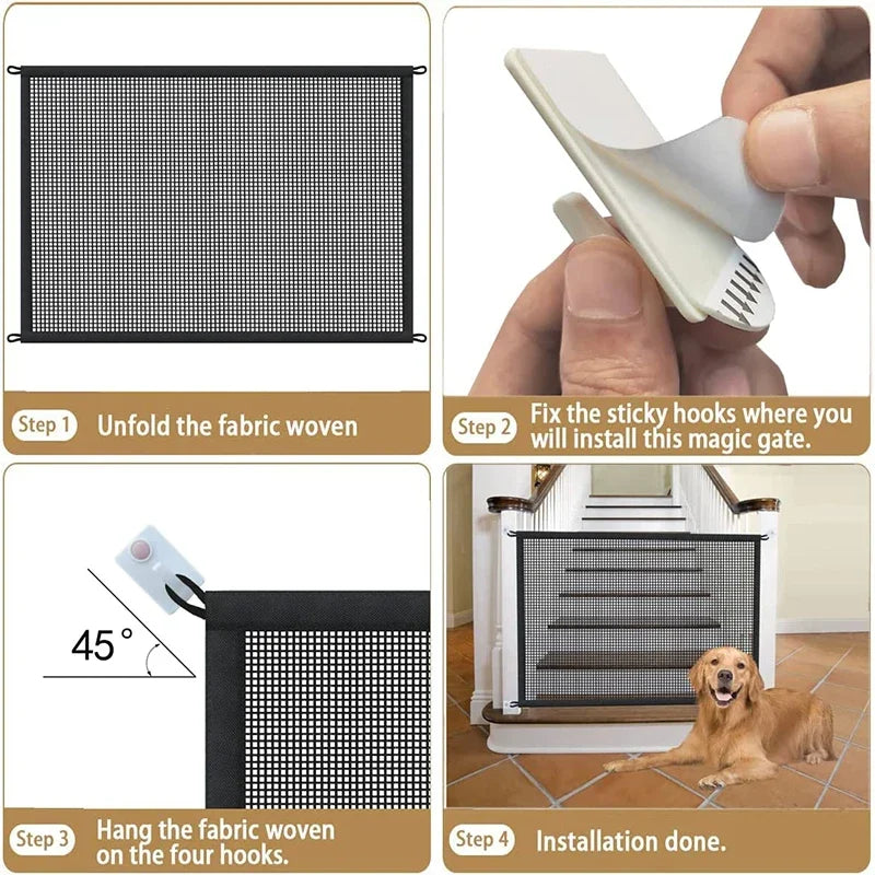 Folding Pet Dog Barrier Fence: Breathable Mesh Playpen with 4 Hooks for Stair Safety