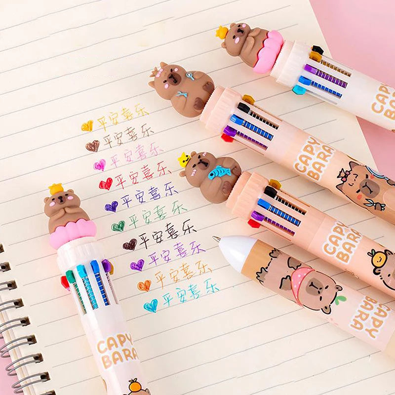 Cartoon Capybara 10-Color Ballpoint Pen - 0.5mm Gel Pen for School Supplies