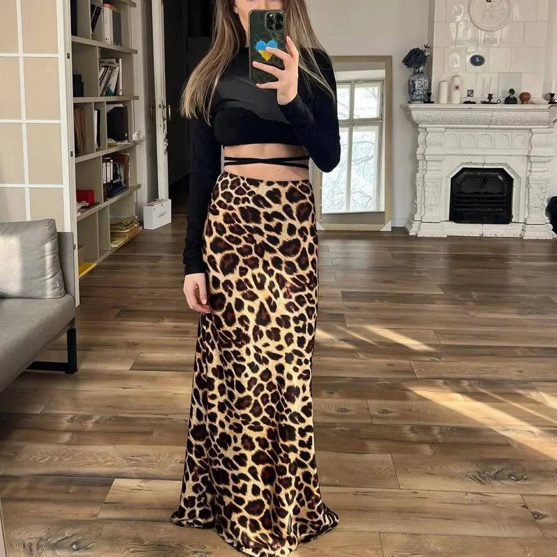 Women&#39;s High-Waist Leopard Print Midi Skirt: Elegant Vintage Satin Fall Skirt