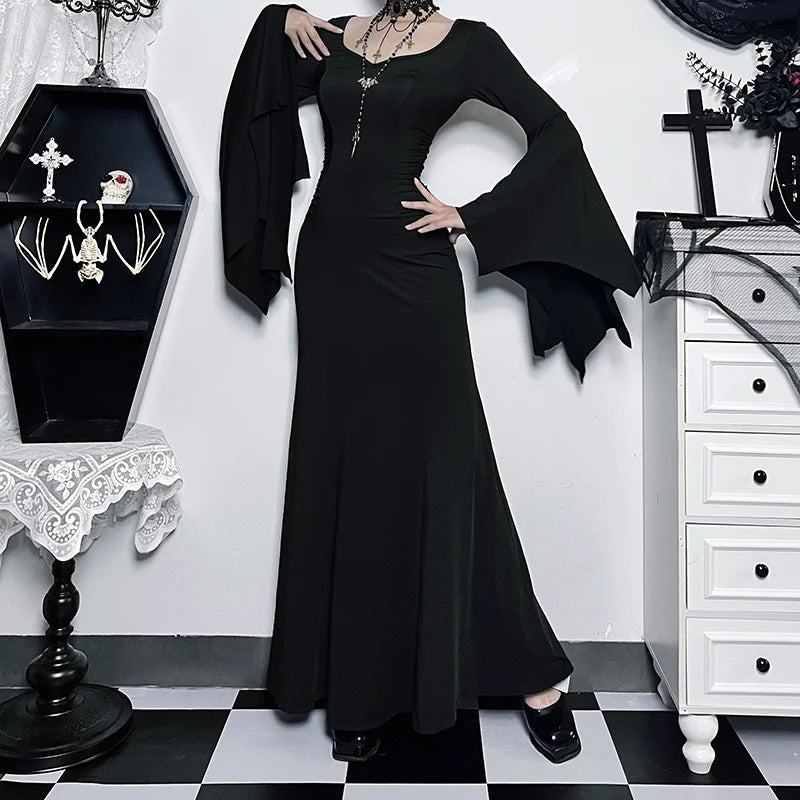 Women&#39;s Gothic Bat Sleeve Mermaid Dress: Addams Family Inspired Elegance