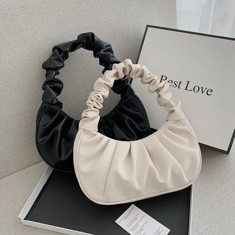 Fashion Pleated PU Cloud Handbags - Women&#39;s Armpit &amp; Shoulder Bags for Shopping