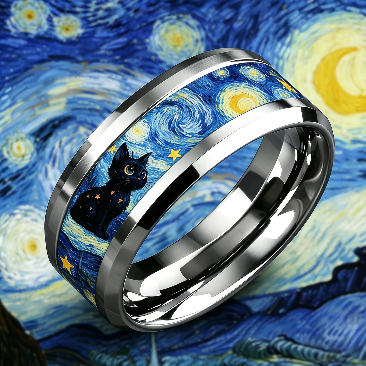 Vintage Cat Moon and Stars Art Ring, Classic Oil Painting Style Stainless Steel Ring for Women and Men Fashion Jewelry Gift