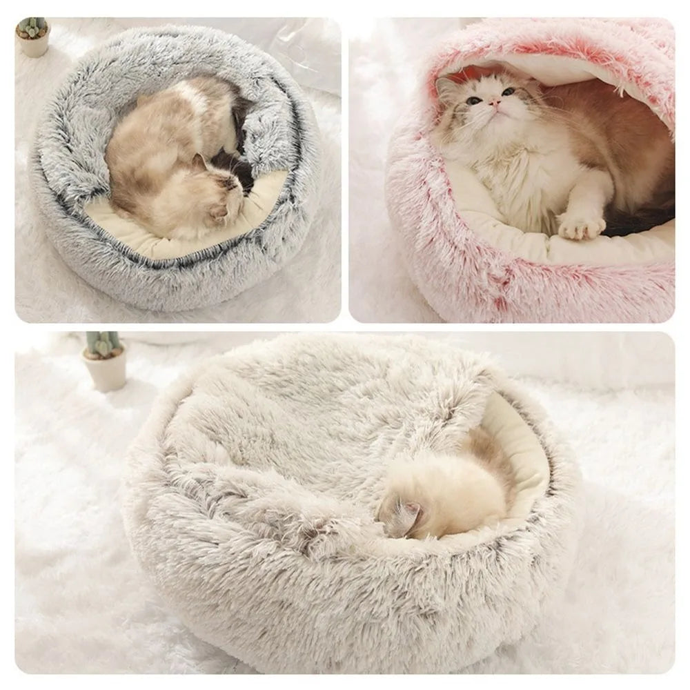 Warm Plush Pet Bed: Enclosed Round Cushion and Sleep Bag for Small Cats and Pets