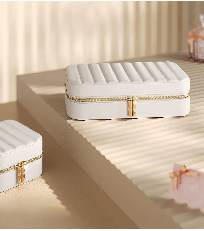 Portable Large Capacity Jewelry Storage Box with Double Metal Zipper, Mirror Compartment for Earrings, Necklaces and Accessories