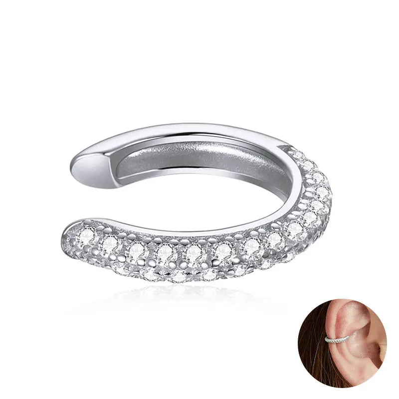 Silver CZ Ear Cuff for Women and Girls, Platinum-Plated Non-Piercing Clip Earring, Elegant Wedding Party Jewelry