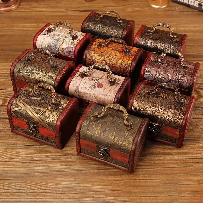 Antique Retro Wooden Jewelry Storage Box with Green Crystal Stone, Vintage Gift and Keepsake Packaging Box