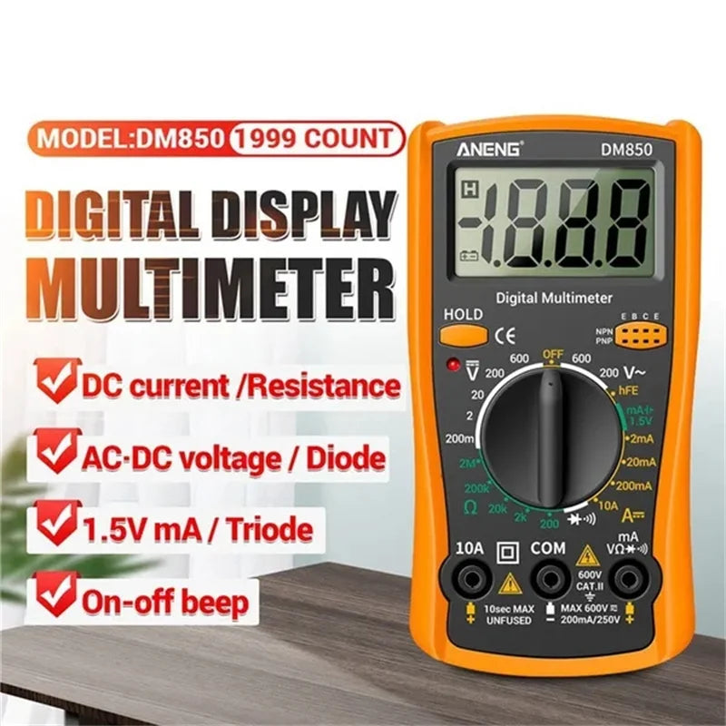 Portable LCD Digital Multimeter – AC/DC Voltage, Diode Tester, Current and Resistance Meter, Ammeter Multitester with Test Probes