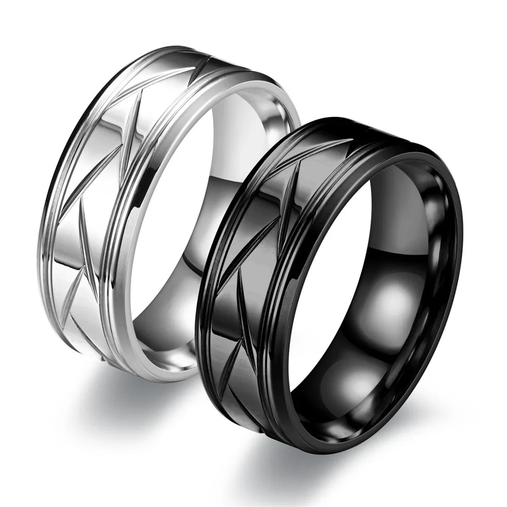 Men&#39;s Multi-Faceted Silver &amp; Black Stainless Steel Ring – Grooved Design for Engagement or Anniversary Gifts