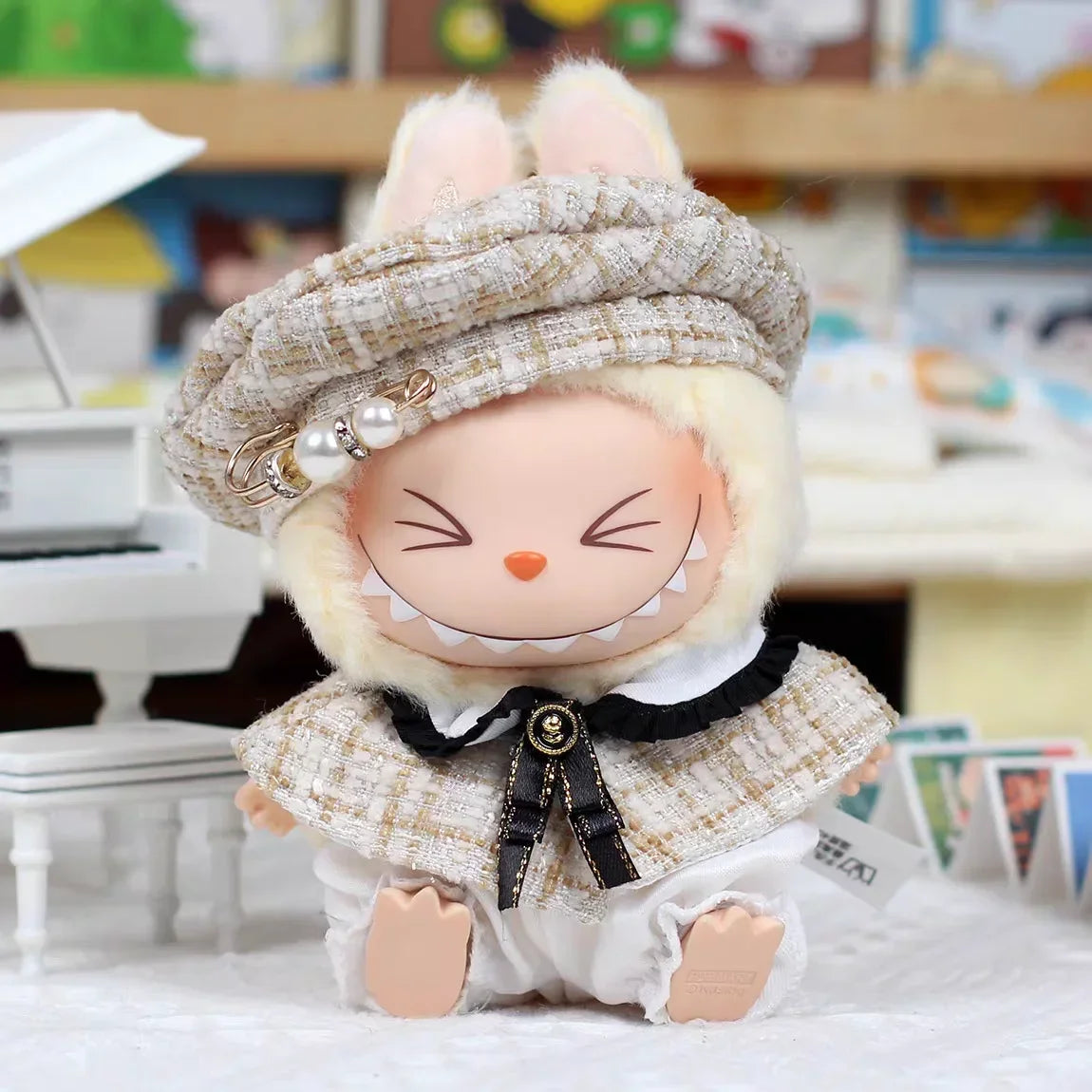 For 15cm Cute Labubu V1 V2 Mini Doll&#39;s Stylish Grid retro Cape With Beret Set Labubu Clothes Outfit Labubu Ropa Clothing Gift