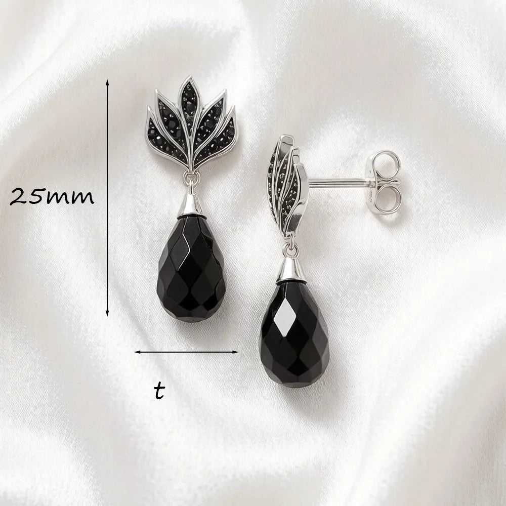 Vintage Black Flame Water Drop Earrings, 925 Sterling Silver Fine Jewelry for Women, Elegant High-Quality Gift