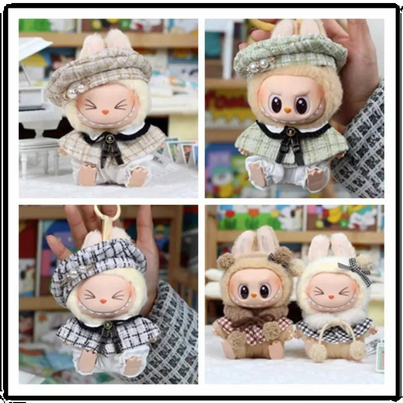 For 15cm Cute Labubu V1 V2 Mini Doll&#39;s Stylish Grid retro Cape With Beret Set Labubu Clothes Outfit Labubu Ropa Clothing Gift