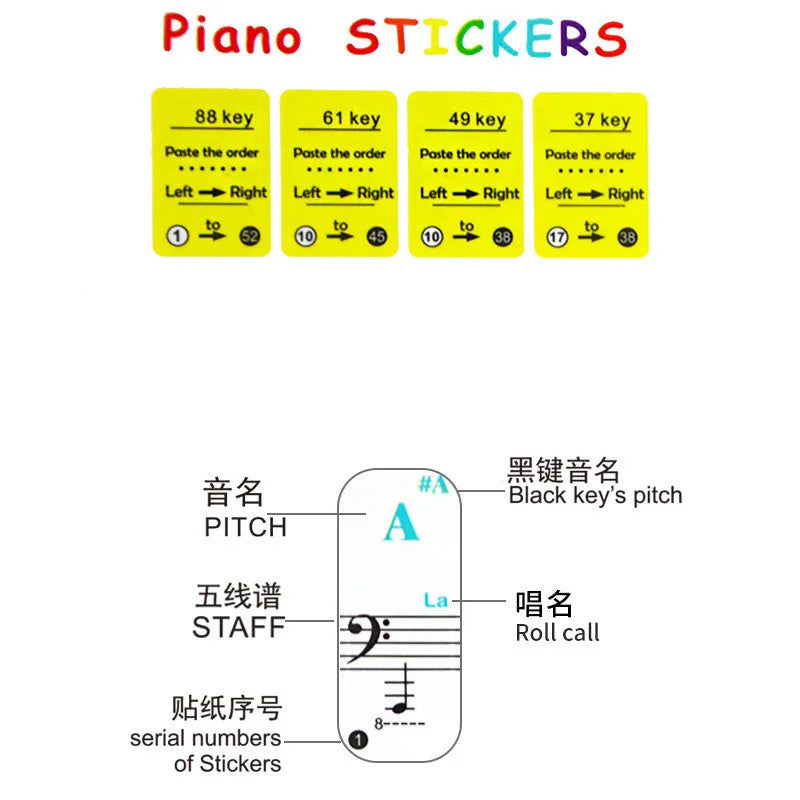 Colorful Transparent Piano Keyboard Stickers for 49/54/61/88 Key Instruments